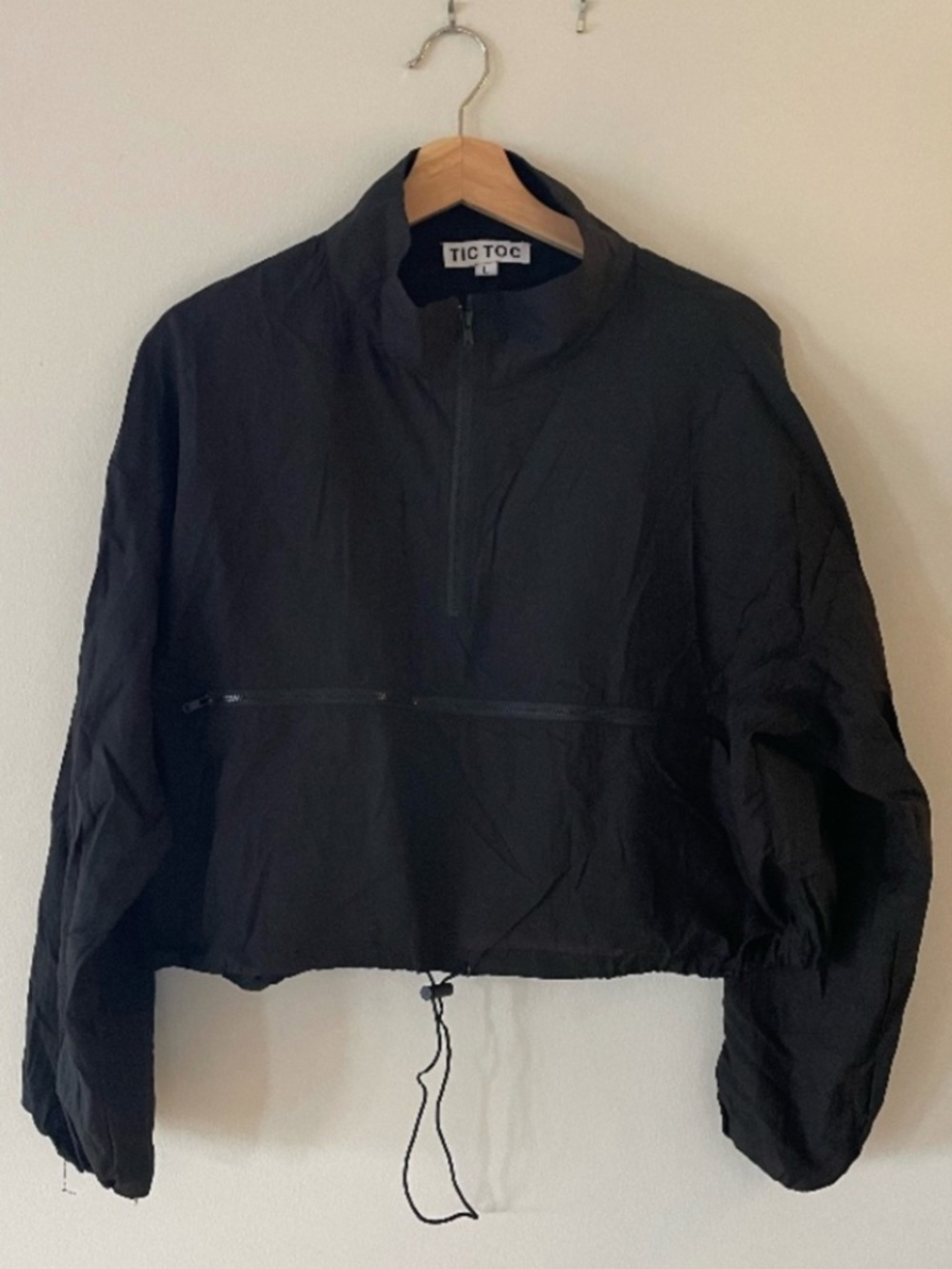 Tic Toc Cropped Black Hooded Bomber Jacket Zip Up Casual Streetwear, Large